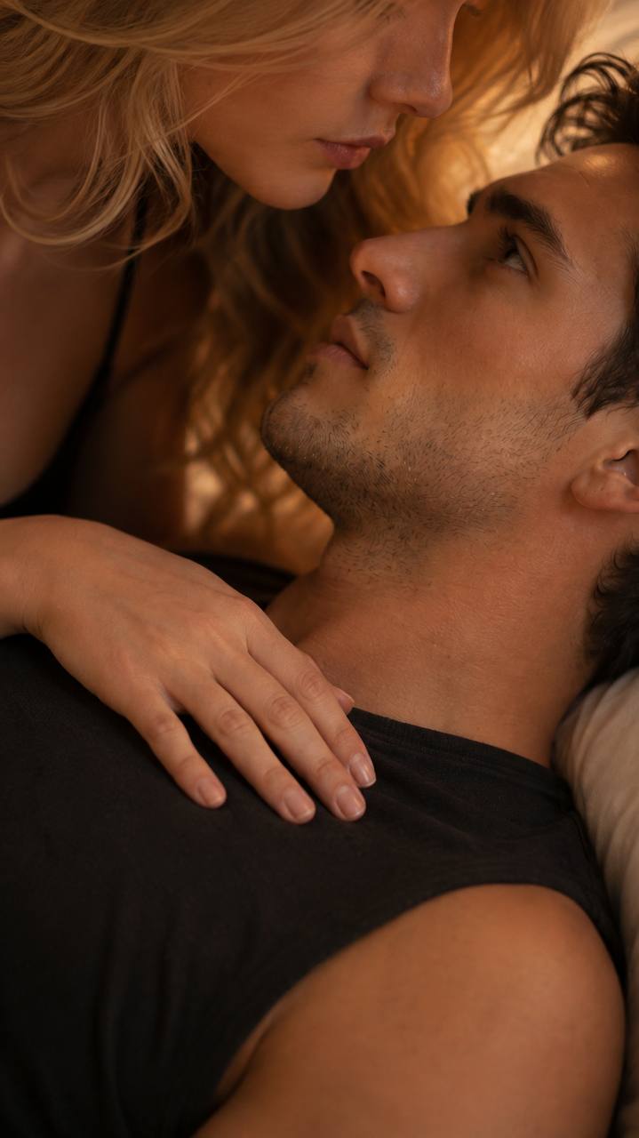 Tessa and Sam close together, faces near, lit warm